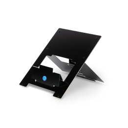 Produktfoto eines ergonomischen Laptopstaender von R-GO aus Aluminium in schwarz von schraeg vorne